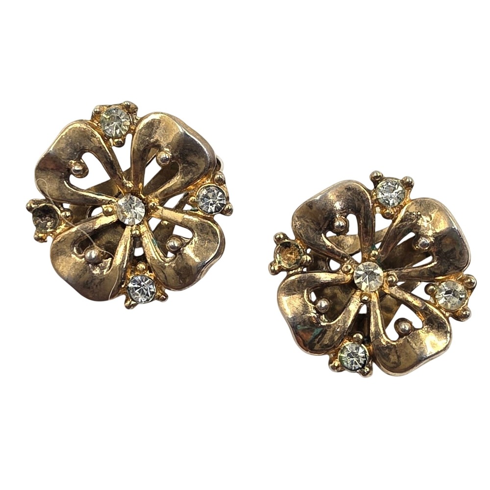 Vintage Crown Trifari Gold Tone Rhinestone Floral Clip On Earrings Pat Pend